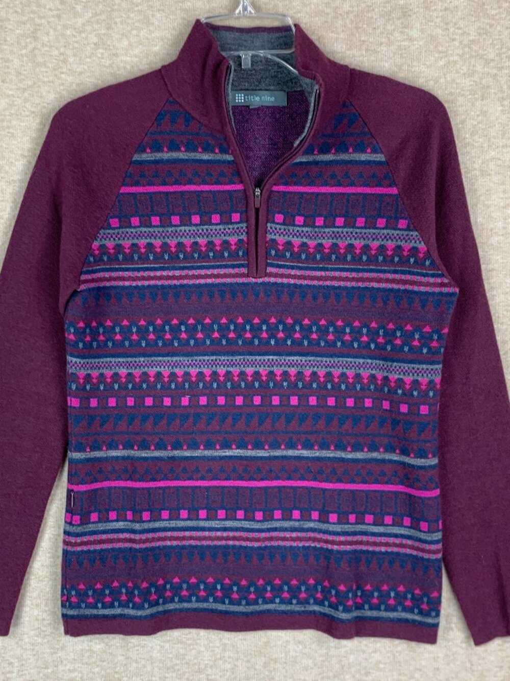 Title Nine Merino Wool Sweater S Super Power 1/4 Zip Mock Nordic Fair Isle Knit